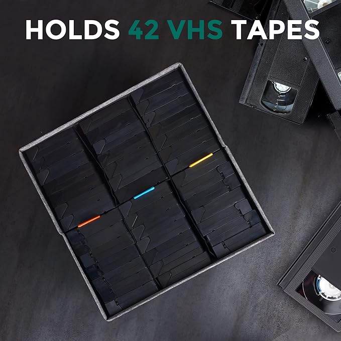 VHS Storage Box with Lid, Practical VHS Storage Case with Index Labels, 14.4 x 13.4 x 8.2 Inch VHS Holder Storage Containers to Store up to 42 VHS Tapes- Gray - Image 3