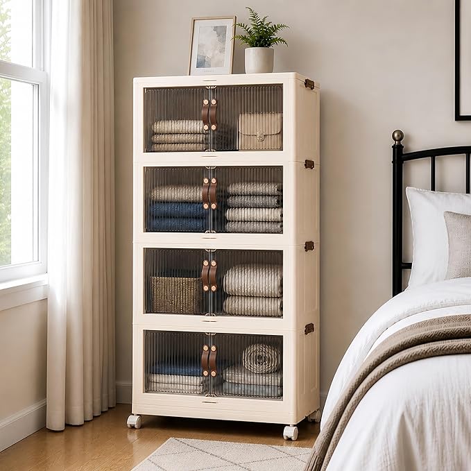 SAILUN 464Qt Stackable Storage Bins,Storage Cabinet a Lid,4Pack Blush White | Stackable Storage Drawers with Lids,26" W x 17" D x 56.7" H,Featuring open-front Access for Clothes and Closet Storage by SAILUN