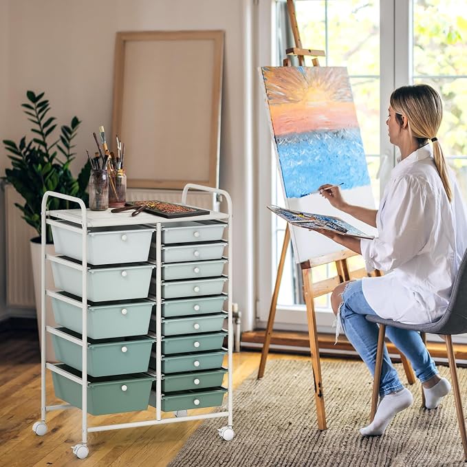 GOFLAME 15-Drawer Rolling Storage Cart, Craft Storage Cart with Removable Drawers & Lockable Wheels, Art Cart Supply Storage Organizer for Home Office Classroom, Green Gradient - Image 8