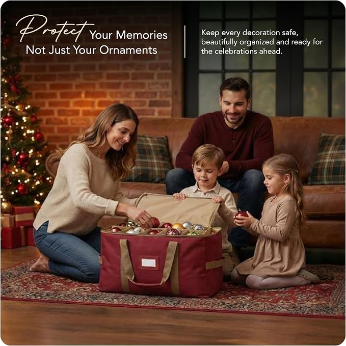 Covermates Keepsakes Adjustable Ornament Storage Bag – Heavy-Duty Polyester, Padded Dividers & FlexGrid Trays – Protective Holiday Ornament Organizer with Handles & Label Window, Red - Image 2