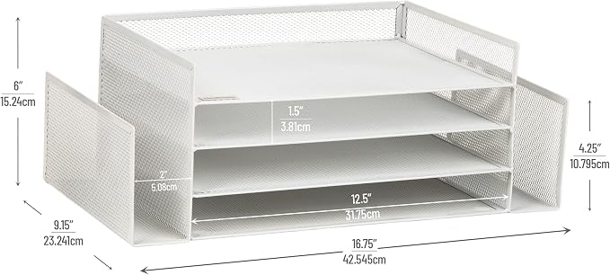 Mind Reader Desktop Organizer, File Storage, Paper Tray, Workspace, Office, Metal Mesh, 16.75"L x 9.15"W x 6"H, White - Image 3