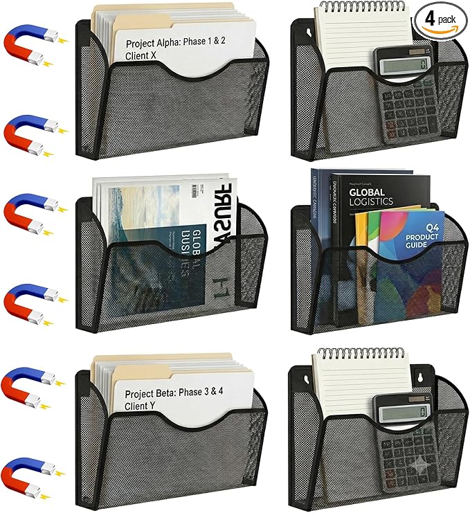 Magnetic File Holder 6 Pockets File Folder Organizer, Office Hanging Magazine Rack for File Cabinets, Magnetic Paper Holder, No Drilling Mail Organizer for Refrigerator, Office by LQPAFZ