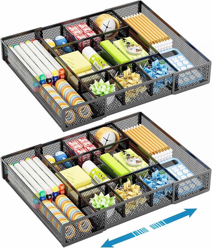 Marbrasse Expandable Desk Drawer Organizer, Mesh Drawer Organizer Tray with 10 Adjustable Compartments, Desk Organizers and Accessories for Office Supplies, Makeup & Vanity (Expandable Black-2 pack) by Marbrasse