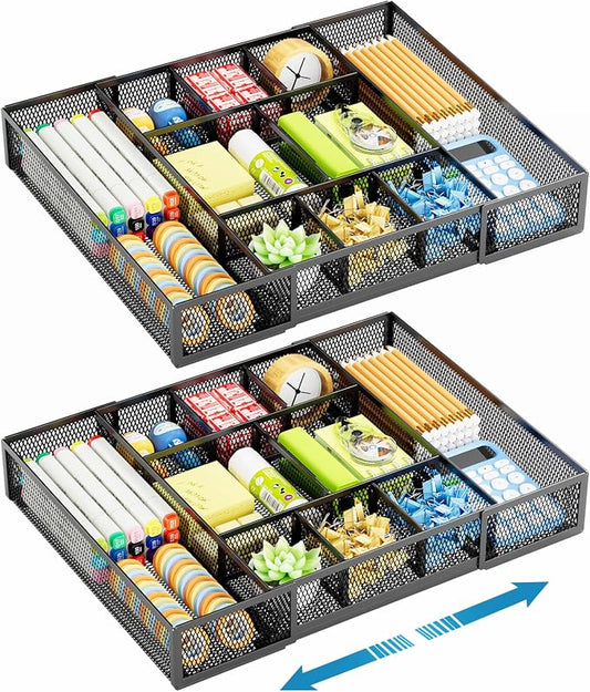 Marbrasse Expandable Desk Drawer Organizer, Mesh Drawer Organizer Tray with 10 Adjustable Compartments, Desk Organizers and Accessories for Office Supplies, Makeup & Vanity (Expandable Black-2 pack) by Marbrasse