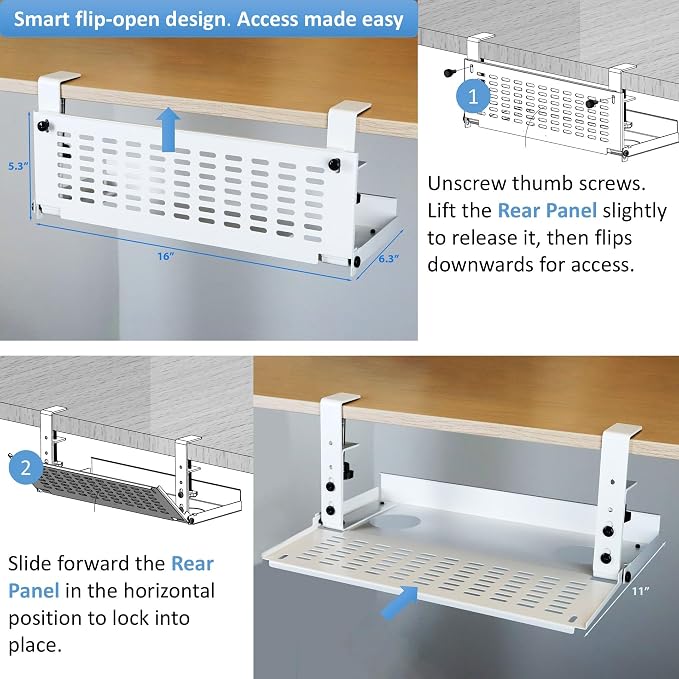 AEONS Universal Under Desk Cable Management Tray-Clamp Mount Hinged Swing Modesty Panel Organizer for Office Desks Easy Access Flip-Down position Power Strip Cord Storage No-Drill 25 lb Capacity White - Image 2