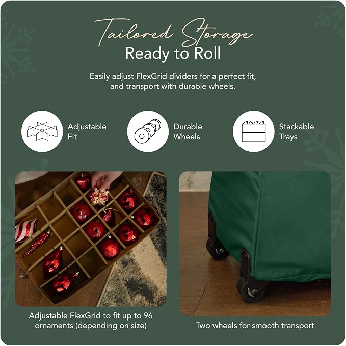 Covermates Keepsakes Rolling Adjustable Ornament Storage Bag – Heavy-Duty Polyester, FlexGrid Trays & Padded Dividers – Protective Holiday Organizer with Wheels, Handles & ID Window, Green - Image 5