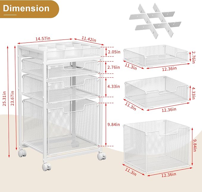 Rolling File Cart with 3 Storage Drawers, Under Desk Organizer with DIY Divider, Moblie Filing Cabinet on Wheels, Fits A4/Letter Size, Metal Utility Cart for Home Office, White - Image 7