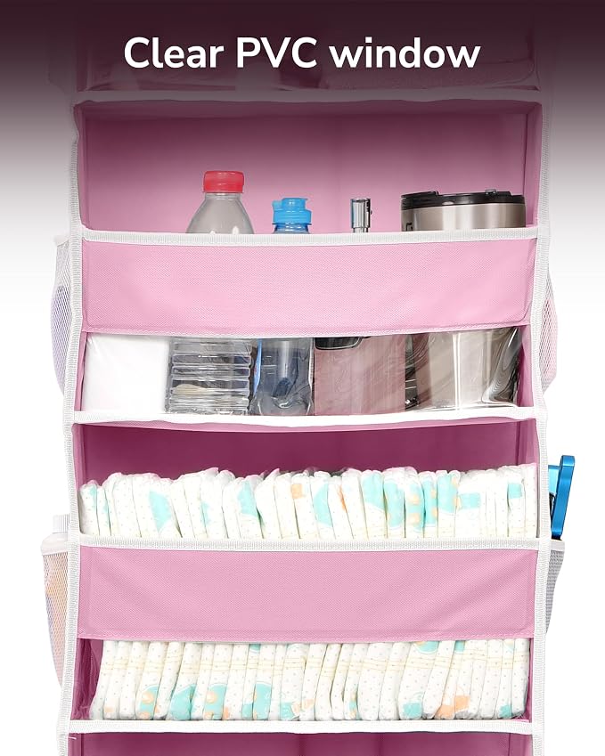 ULG 1 Pack Over Door Organizer with 5 Large Pockets 10 Mesh Side Pockets, 44 lbs Weight Capacity Hanging Storage Organizer with Clear Window Kids Toys, Shoes, Diapers, Pink - Image 3