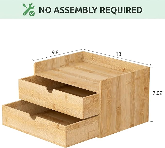 Bamboo Desk Organizer with Drawers, Desktop Storage for Office Supplies | 2 Drawers Desktop organizer, No Assembly Required, Natural Wood Wooden Desktop Drawers Box for Bills, Cosmetics, Seals, Paper - Image 3