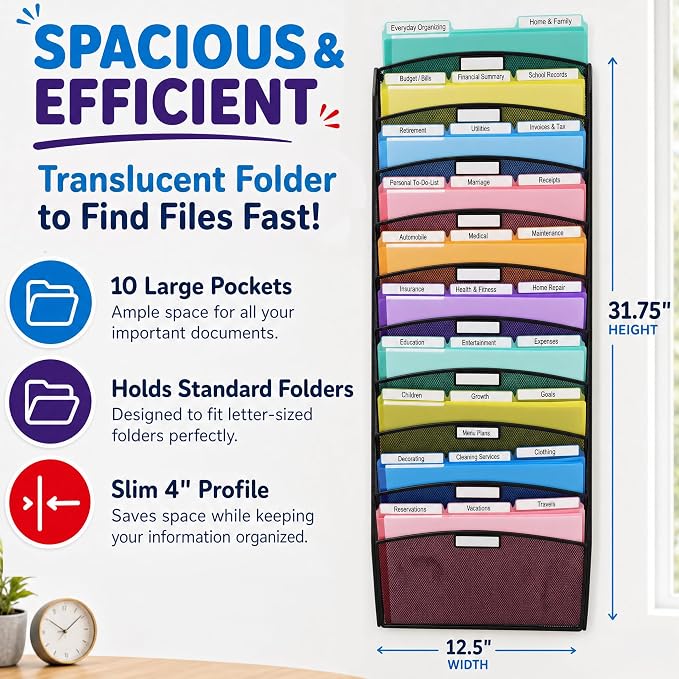 Ultimate Office Mesh Hanging Wall File Organizer, 10 Tier + 18 PocketFiles | Vertical mount hanging file sorter and display rack; includes 18 3rd-cut PocketFile clear document folders - Image 7