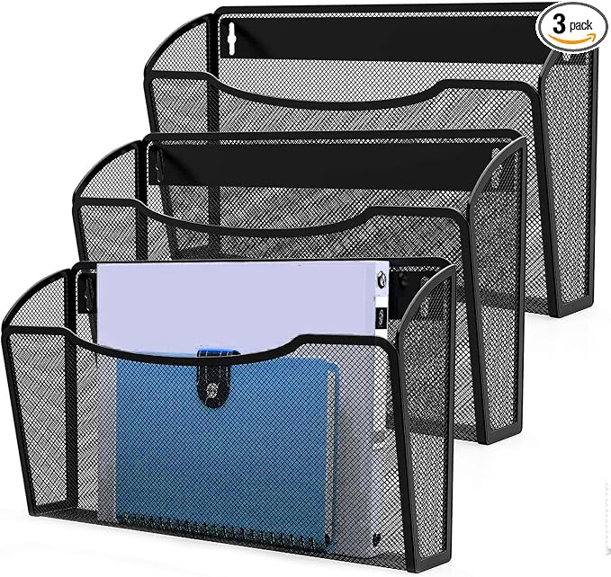MINDEPOT Wall File Organizer, Hanging Wall File Holder, 3 Pack, Black | Heavy Duty Iron, Metal Mesh Wall Mount, Single Pocket, Mail Organizer, for Office School Classroom Home, Letter A4 Size by MINDEPOT