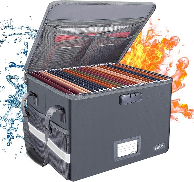 ENGPOW File Box with Lock, Fireproof Document Box with Zipper Lid, Collapsible File Organizer Storage Filing Cabinet with Handle, Portable Home Office Safe for Hanging Letter/Legal Folders, Grey by ENGPOW