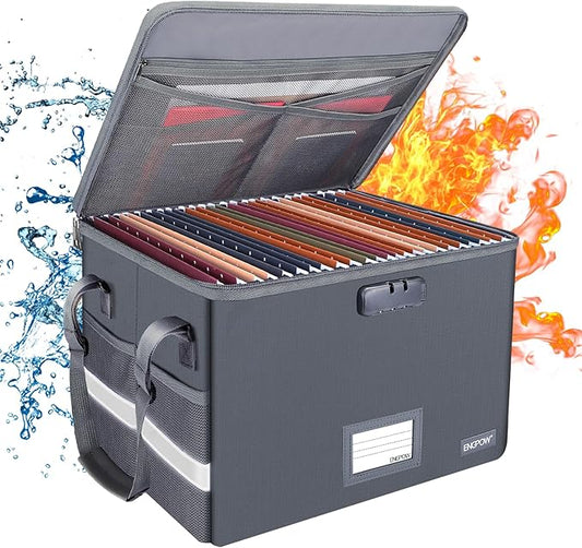 ENGPOW File Box with Lock, Fireproof Document Box with Zipper Lid, Collapsible File Organizer Storage Filing Cabinet with Handle, Portable Home Office Safe for Hanging Letter/Legal Folders, Grey by ENGPOW