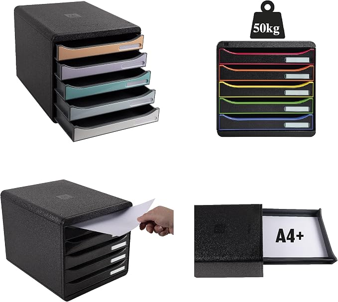 Exacompta - Ref 3097298D - BIG-BOX PLUS Desktop Drawer Set - 5 x 43mm Drawers, Suitable for A4+ Documents, 347 x 278 x 271mm, 100% Recycled Plastic - Black/Glossy Harlequin - Image 3