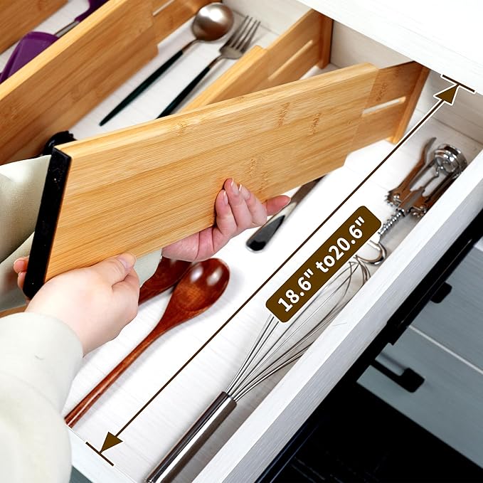 Utoplike Bamboo Drawer Dividers Large, 4" High Kitchen Drawers Organizer | Adjustable, Spring Loaded, Works in Bathroom, Bedroom, Dresser, Office, 4pcs for Clothing, Fit for 18.6"-20.6" Inner Drawer - Image 2