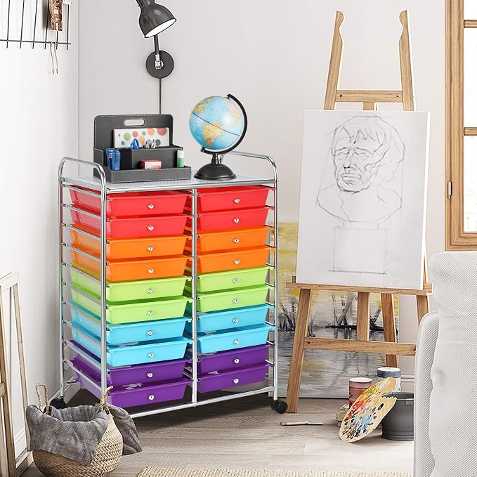 GOFLAME 20-Drawer Rolling Storage Cart, Multifunctional Art Craft Organizer Cart, Mobile Utility Storage Cart with Removable Drawers & Lockable Wheels, Craft Cart for Home Office School, Multicolored - Image 8