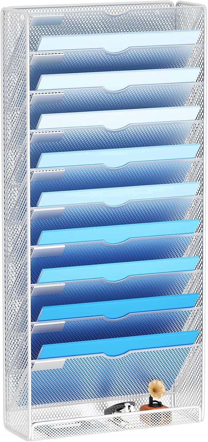 Hanging Wall File Organizer 10 Tier Wall Mounted File Holder Document Wall Organizer Magazine Organization for Office Home, Silver by GDINDINFAN