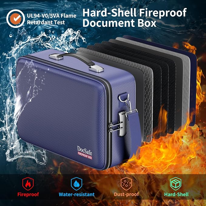DocSafe Fireproof Document Box Hard Case with Lock ＆ Accordion File Folder | Fire and Water Resistant Safe Box,File Organizer,Multi-Pocket,Home Office Travel Storage for Important Document,Laptop,Blue - Image 2