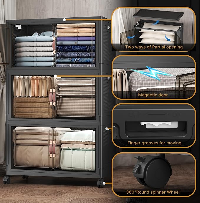 504QT Stackable Storage Bins with Lids, Doors & Wheels | Closet Organizers and Storage Cabinet , Lockable Plastic Foldable Drawers for Bedroom Dorm Office Garage（168QT*3,Black） - Image 6