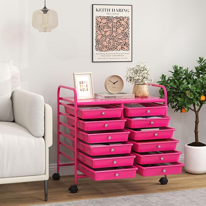 Giantex 12 Drawers Rolling Cart, Mobile Storage Drawer Cart, Classroom Organizer Cart for Office School Supplies Tools Scrapbook Paper Craft Small Printer, Utility Cart on Wheels, Hot Pink - Image 2