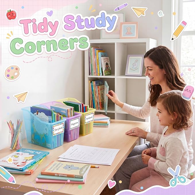 Blosssound 24 Set Book Bins for Classroom with Label Sticker Book Box Baskets Plastic Stackable Organizing Bins Storage & Organization for Classroom Library Home School Supplies (Translucent Pastel) - Image 6