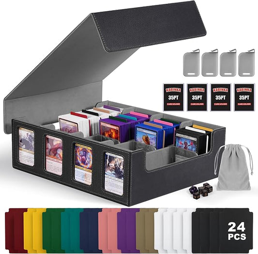 Kabinka Trading Card Storage Box with Commander Display, 4-Row Deck Case with Removable Lid; 2400+ Card Deck Box for MTG TCG Sports Card, 4 Top Loaders, 4 Stoppers, 24 Dividers,1 Dice Bag (Black) by Kabinka