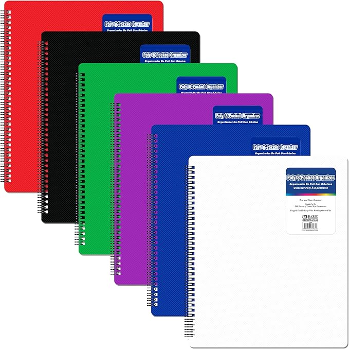 BAZIC Products Assorted Color Poly 8-Pocket Folder Organizer, 6-Set | business card slot, Sorts letter-size 8.5 x 11 in papers by BAZICProducts