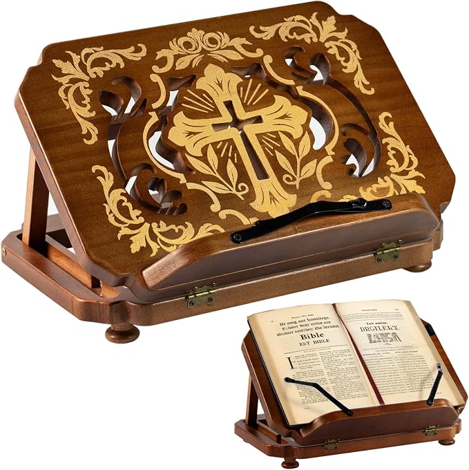 Wooden Bible Holder Stand | Adjustable Carved Bible Reading Stand –13"×9",Foldable Bookshelf for Magazine,Recipe, Cookbook and Bible Prayer by zyrnathar