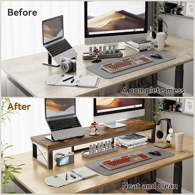 IBUYKE Large Dual Monitor Stand Riser for 2 Monitors, Wooden Desktop Computer Monitor Stand Storage Shelf and Steel Legs,Dual Screen Office Desk,Monitor Riser for Computer, Printer,Laptop,TV,Rustic Brown UTDJ002H - Image 6