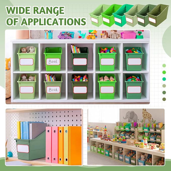 Teling 12 Pcs Book Bins Bulk for Classroom Storage Plastic Magazine Holder with Label Interlocking File Folder Organizer Binder Container Box for School Office Desktop Bookshelf Home (Gradient Green) - Image 6