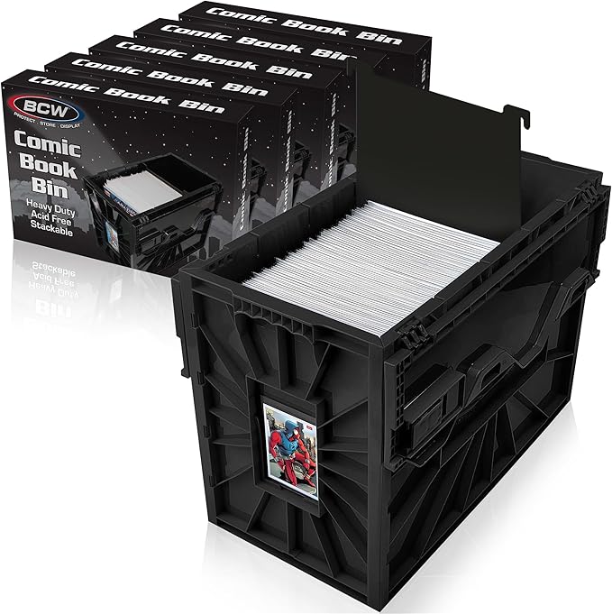 BCW Short Comic Book Bin | Holds 150 Comics | Stackable Plastic Storage | Acid-Free Organizer | Black, 5 Pack by BCW