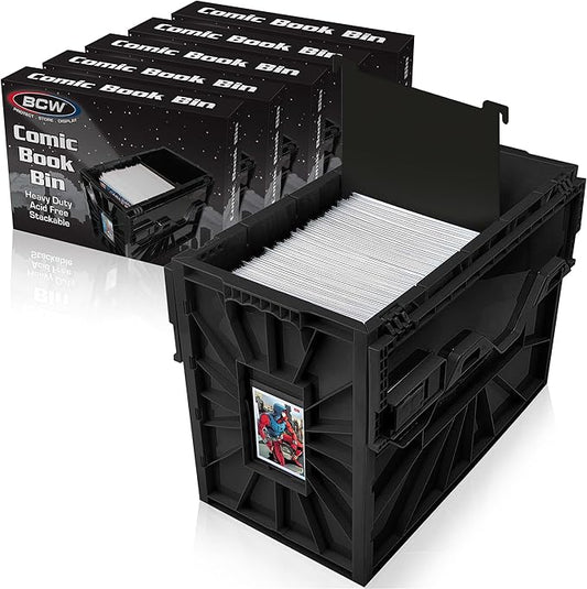 BCW Short Comic Book Bin | Holds 150 Comics | Stackable Plastic Storage | Acid-Free Organizer | Black, 5 Pack by BCW
