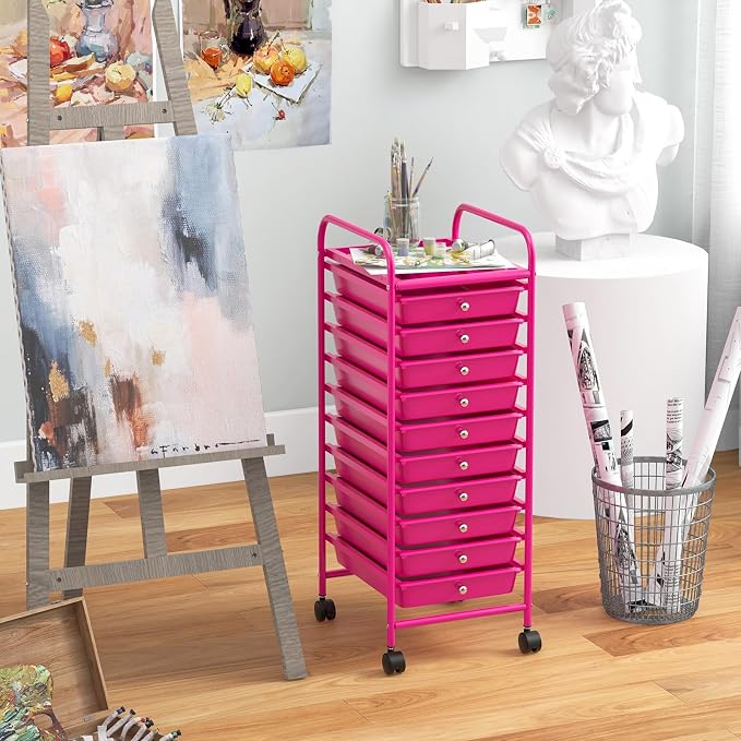 Giantex 10-Drawer Storage Cart w/Universal Wheel, Rolling Cart w/Handle, Home Organizer Storage Unit w/Removable Drawers, Trolley Utility Cart for Kitchen Makeup Living Room Office Play Room, Hot Pink - Image 4