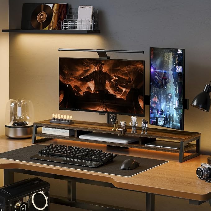Fenge Dual Monitor Riser for Desk, Open Shelf with 3 Storage Compartments | 42.5in Computer Monitor Stand, 2-Tier Desk Shelf for Top of Desk,One-Piece Panel, fit Ultrawide Monitor, PC, Laptop, Brown - Image 7