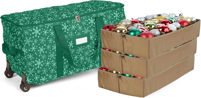 Covermates Keepsakes Rolling Adjustable Ornament Storage Bag – Heavy-Duty Polyester, FlexGrid Trays & Padded Dividers – Protective Holiday Organizer with Wheels, Handles & ID Window, Green Snowflake by Covermates