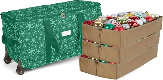 Covermates Keepsakes Rolling Adjustable Ornament Storage Bag – Heavy-Duty Polyester, FlexGrid Trays & Padded Dividers – Protective Holiday Organizer with Wheels, Handles & ID Window, Green Snowflake by Covermates