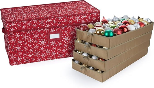 Covermates Keepsakes Adjustable Ornament Storage Box – Heavy-Duty Polyester, Padded Dividers & FlexGrid Trays – Protective Holiday Organizer with Stackable Walls & Label Window, Red Snowflake by Covermates
