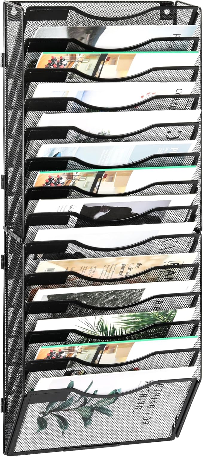 EasyPAG Wall File Organizer for Office 14 Pocket Mesh Wall Mounted Paper Organizer Hanging Folder Holder with Nametag Label for Home School, Black by EasyPAG