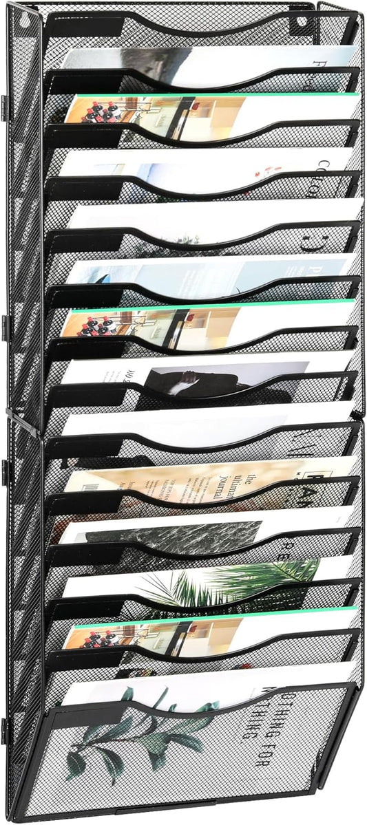 EasyPAG Wall File Organizer for Office 14 Pocket Mesh Wall Mounted Paper Organizer Hanging Folder Holder with Nametag Label for Home School, Black by EasyPAG