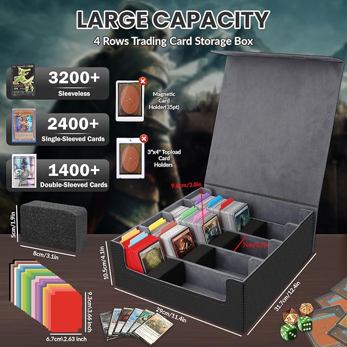 AOBOPLE 3200+ Trading Card Storage Box with Magnetic Closure, PU Leather | 4-Row Card Box,24 Dividers + 4 Foam Supports,Card Organizer For MTG TCG Magic Sports Cards,Gift For Collectors - Image 2