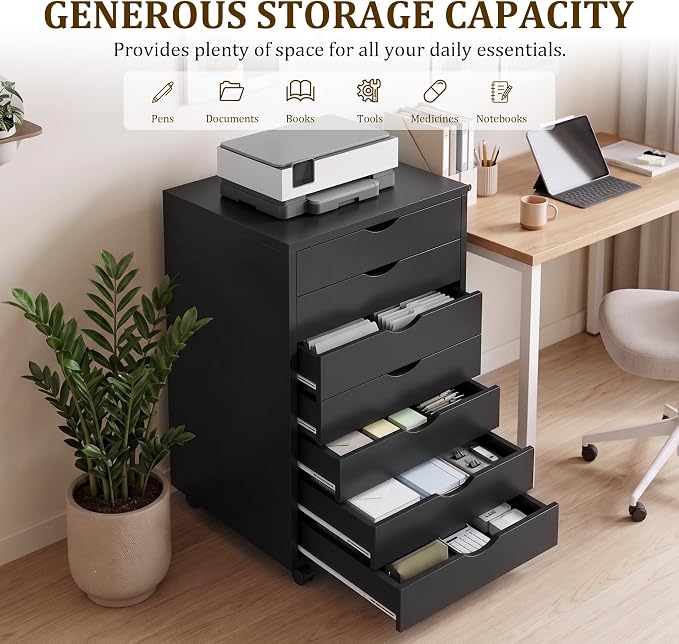 7 Drawer Office Storage Cabinet, Rolling File Cabinet for Office, Black | Office Storage Cabinet with 7 Drawers, Rolling File Cabinet with Wheels for Home Office, Desk Storage and Printer Stand - Image 5