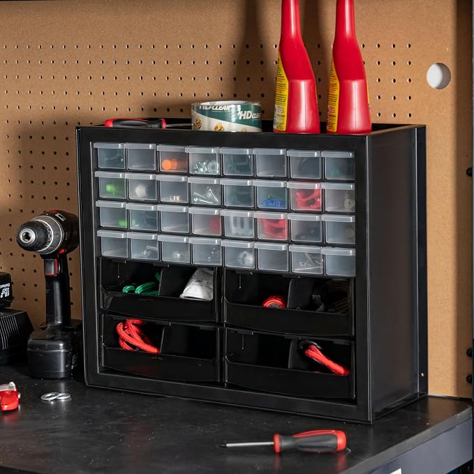 IRIS USA 32-Drawer Organizer with 4 Bins and Dividers, Garage Tool, Black | Wall mountable, Stackable, Hardware, Electronics, Teacher Toolbox, Small Parts, Nuts & Bolts, Screws - Image 2
