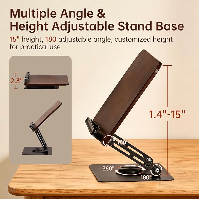 2-in-1 Floor & Desktop Book Stand, Adjustable Reading Music Podium | Portable Dual-Use 19"-62.2" Music Sheet Display, Laptop, Cookbook, Projector Stand Holder, 360° Rotate, Page Clip, Wood - Image 6