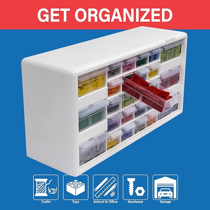 Akro-Mils 26-Drawer Plastic Storage Cabinet, 20" W x 6" D x 10" H, White | Plastic Cabinet w/ Drawers for Garage Organization, Beads, Building Bricks Storage, Teacher Toolbox, Makeup Organizer, 10126 - Image 3