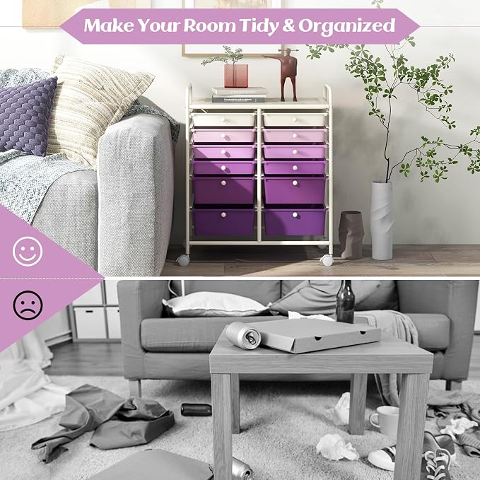 Moccha 12-Drawer Rolling Storage Cart - Utility Cart on Wheels with Lockable Casters for Craft Art Supply Paper Salon, Mobile Drawer Carts for Classroom Teacher School Office (Gradient Purple) - Image 7
