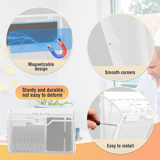 Docnest 3 Pack 2 Tier Dual-Mount Magnetic Mesh File Holders, Wall Organizer | Mount magnets or screws. 2-in-1 hanging mesh mail letter organizer with hooks for office and home clutter - Image 3