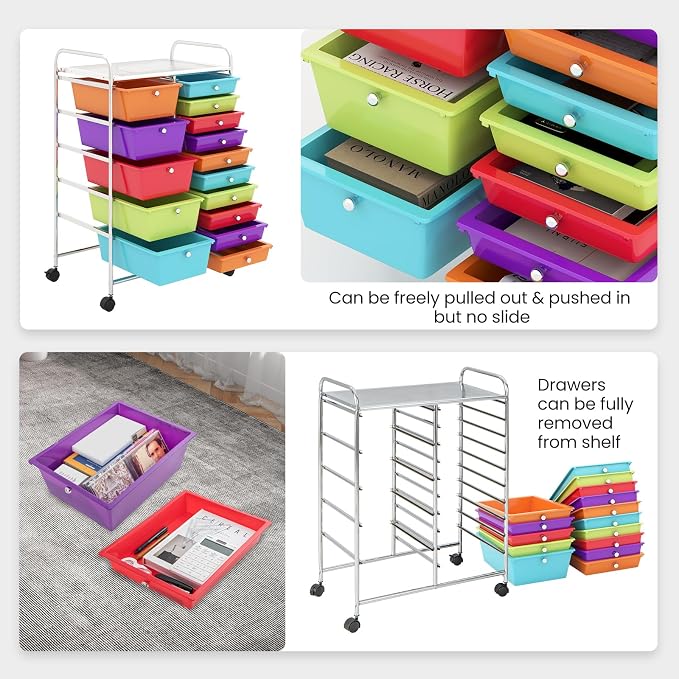Giantex 15-Drawer Organizer Cart Office School Storage Cart Rolling Drawer Cart for Tools, Scrapbook, Paper (Multicolor) - Image 4