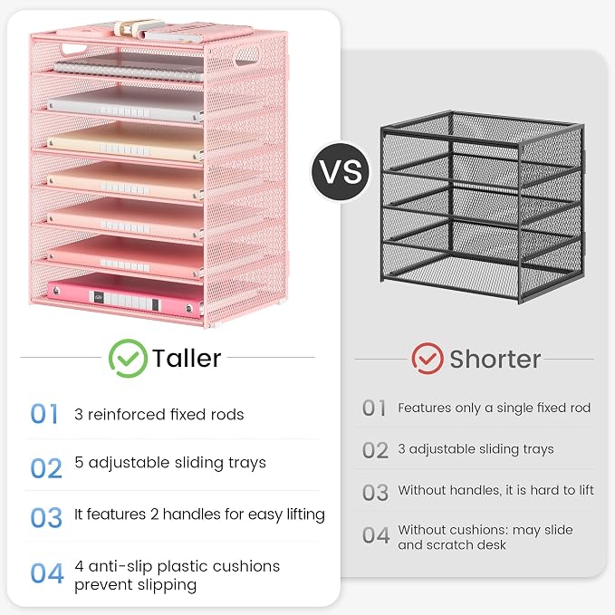 Lavatino 2 Pack 8-Tier Office Desk File Organizer, Letter Tray Paper Organizer with Handle, Including 5 Adjustable Slide Trays for Organizing Desk Workspace Accessories and Supplies (Pink Mesh) - Image 6