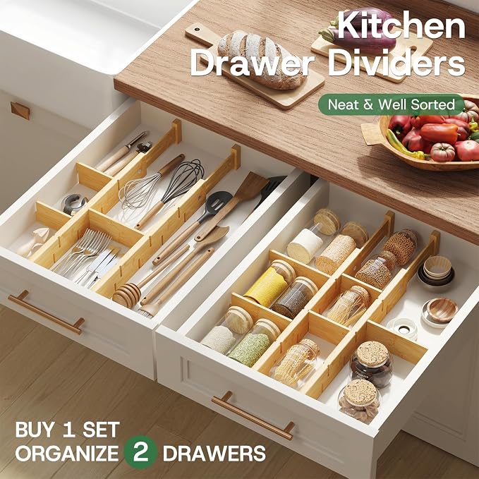 kiplant Kitchen Drawer Dividers - Adjustable Drawer Organizer for Clothes, Kitchen, Closet & Office - 4 Pack with Inserts, 18-22.6 Inches, Non-Slip Silicone Ends - Image 6