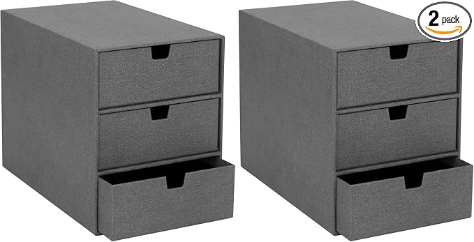 Bigso Box of Sweden Ingrid 3-Drawer Canvas Fiberboard Desk Organizer for Office Supplies and Accessories - Stackable Makeup Drawer Organizer - 6.3in x 9.9in x 8.1in - Grey (Pack of 2) by Bigso